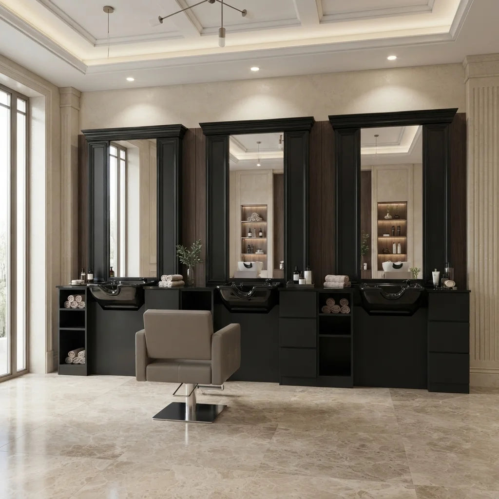Custom Barber Styling Station with Mirror, Storage & Wash Basin Options