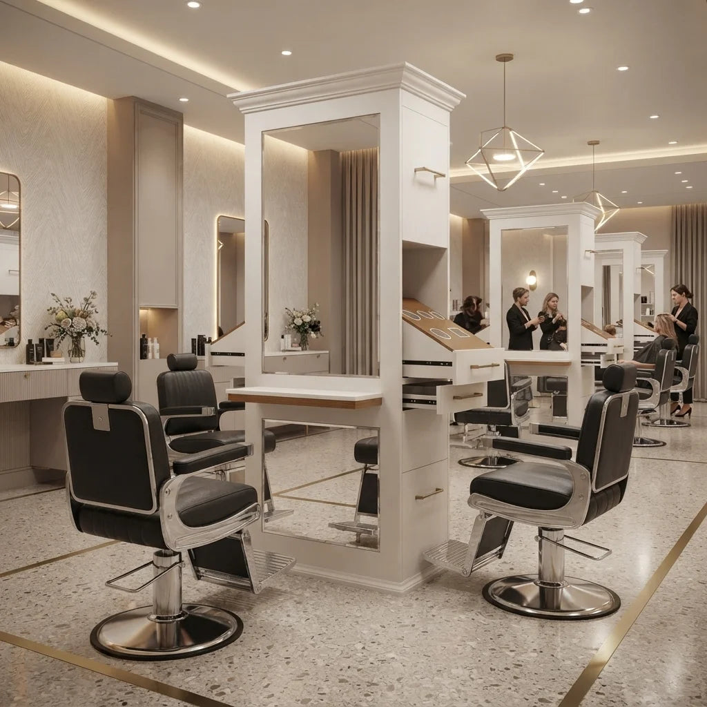 Modern Barber Styling Station with Integrated Shelving