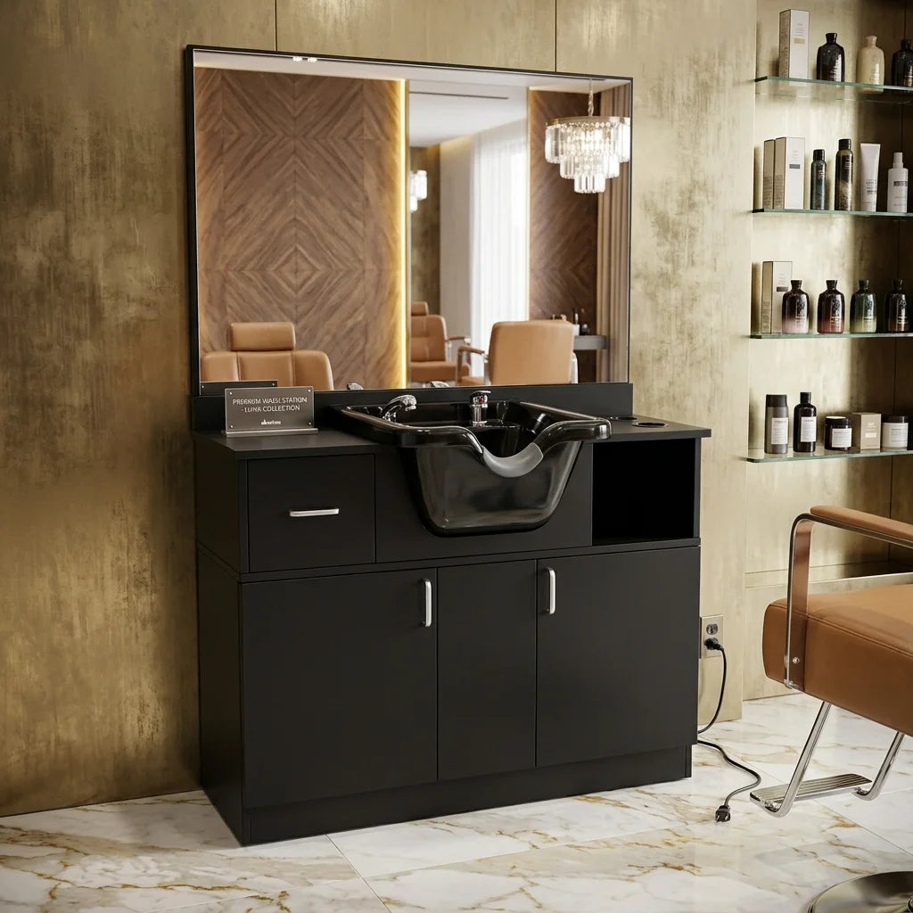 Black Salon Shampoo Cabinet with Mirror and Wash Basin