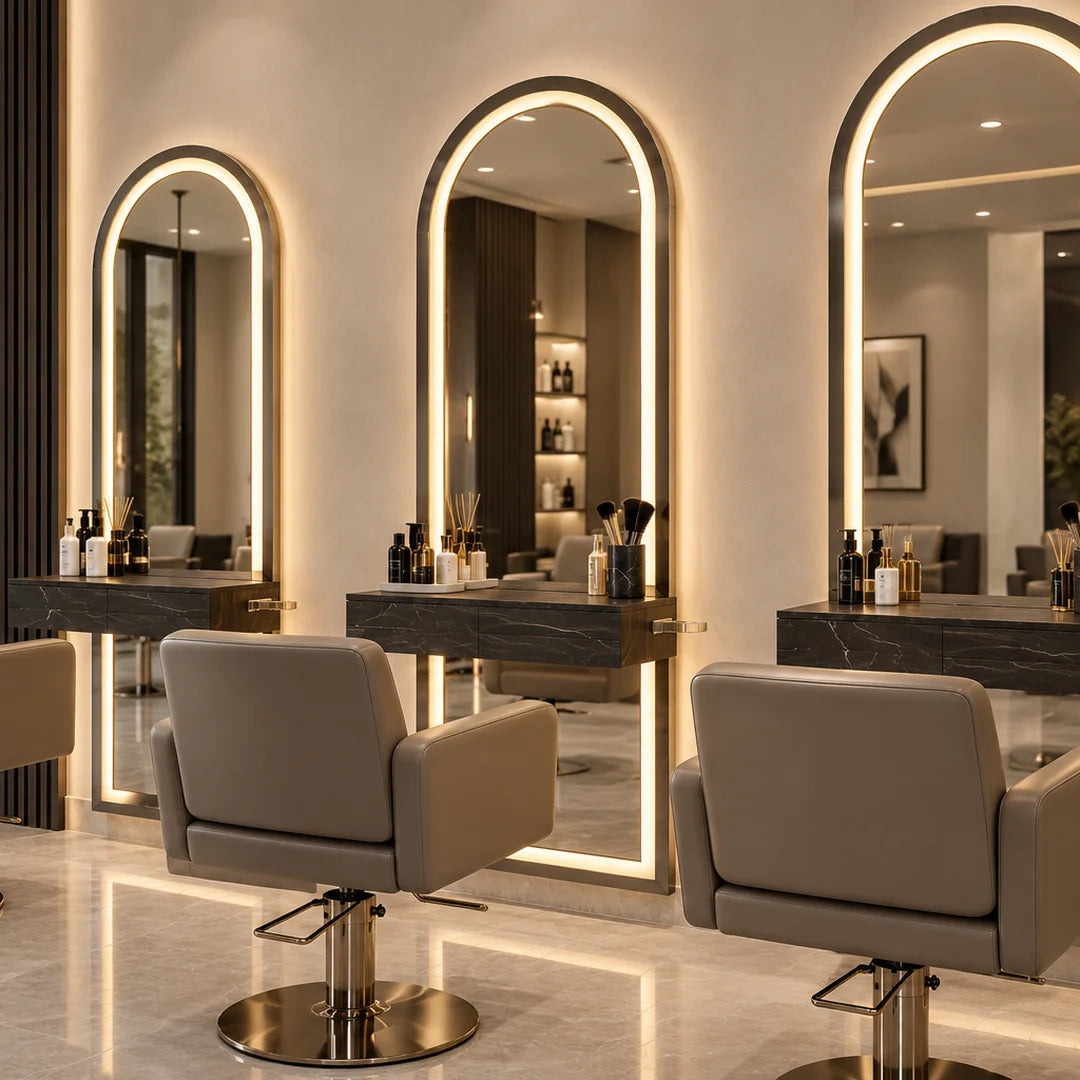 Arched LED Salon Styling Station with Floating Drawer