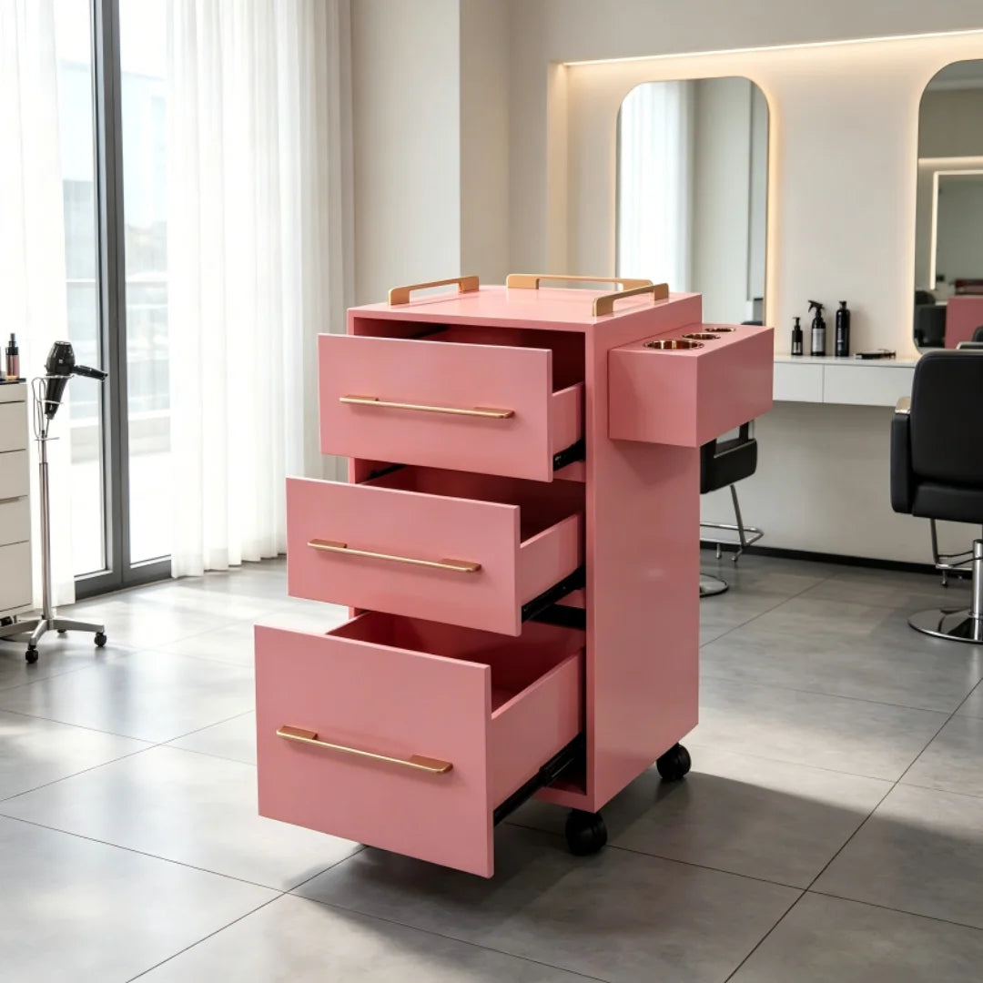 Pink Rolling Salon Storage Cabinet with Gold Bar Handles