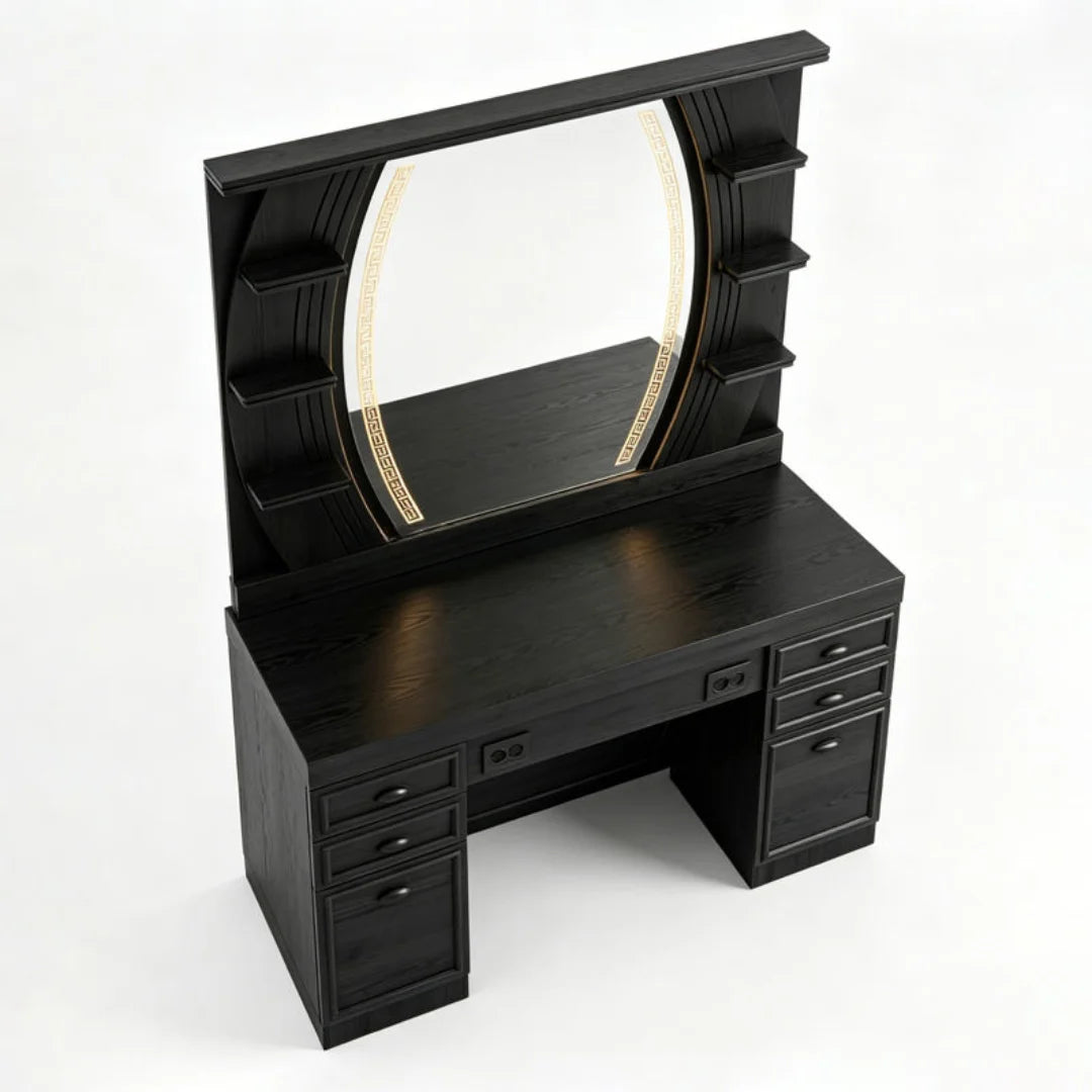 Classic Black Wood Barber Styling Station with LED Mirror
