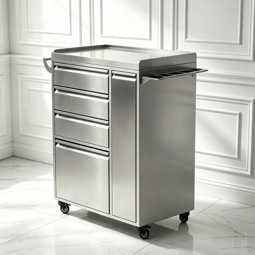 Brushed Silver Salon Trolley with Drawers and Storage Cabinet