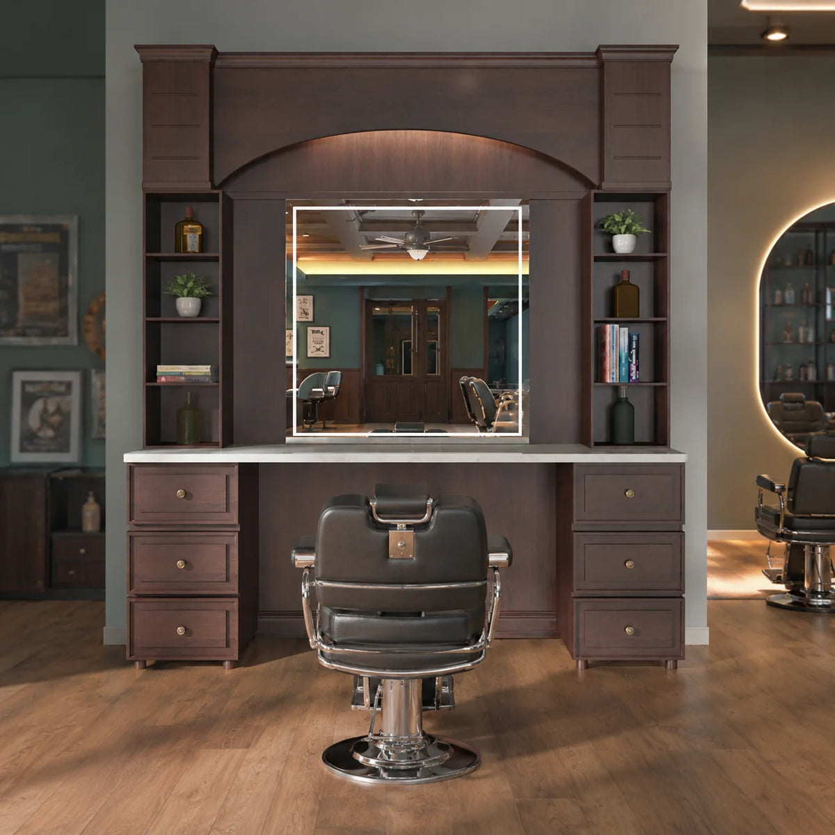 High-End Wooden Barber Workstation with Integrated Storage