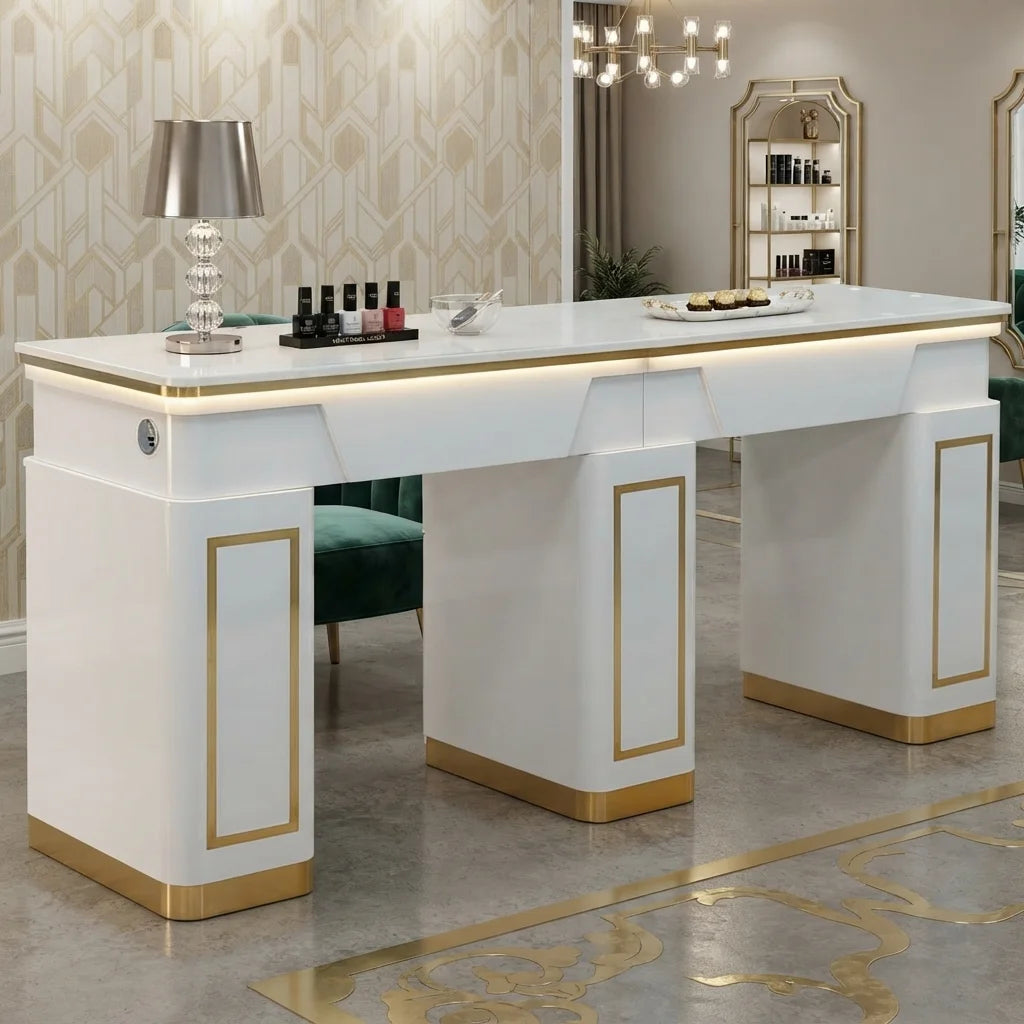 Luxury White Manicure Table with Gold Accents & Lighting