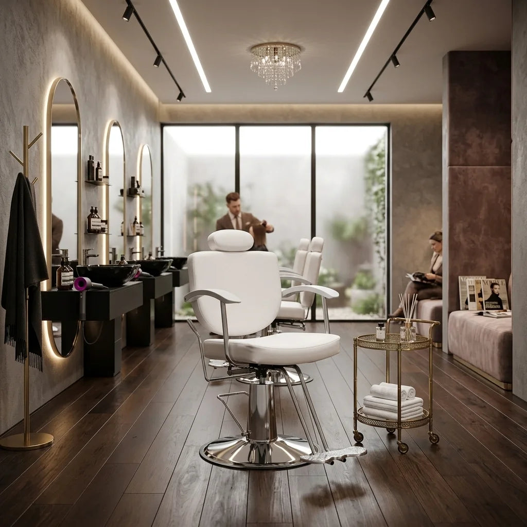 White Salon Styling Chair with Chrome Base