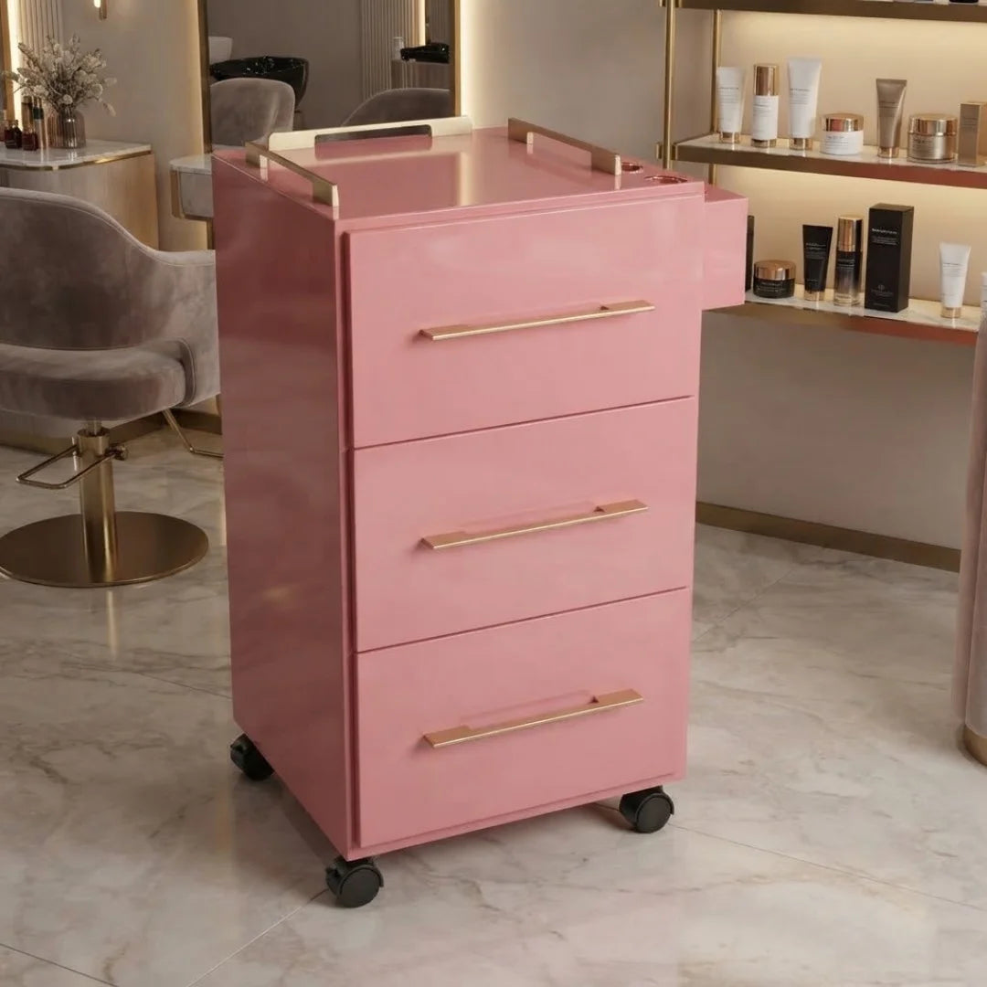 Pink Rolling Salon Storage Cabinet with Gold Bar Handles