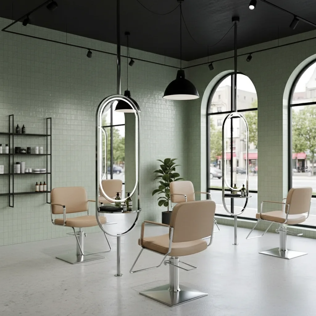 Salon Oval Hanging LED Mirror With a Shelf