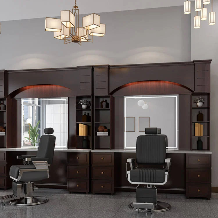 High-End Wooden Barber Workstation with Integrated Storage