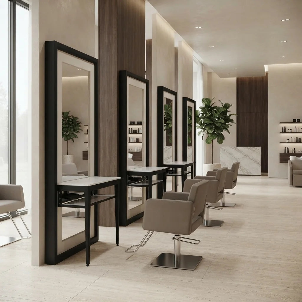 Modern LED Barber Mirror Station with Shelf