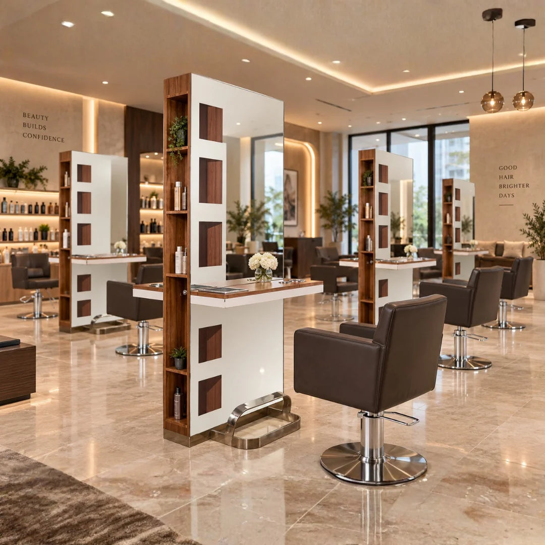 Modern Double-Sided Barber Styling Mirror with Integrated Storage