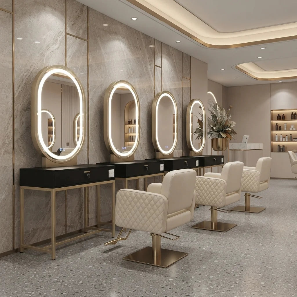 Gold & Black Oval LED Barber Mirror Station