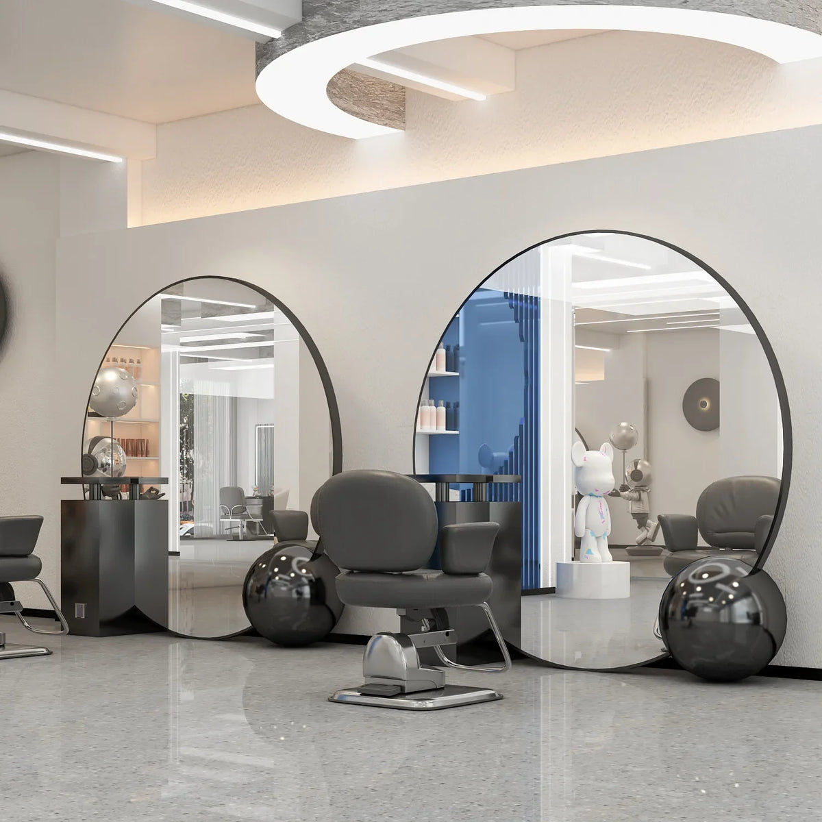 Freestanding Round LED Salon Mirror with Side Table