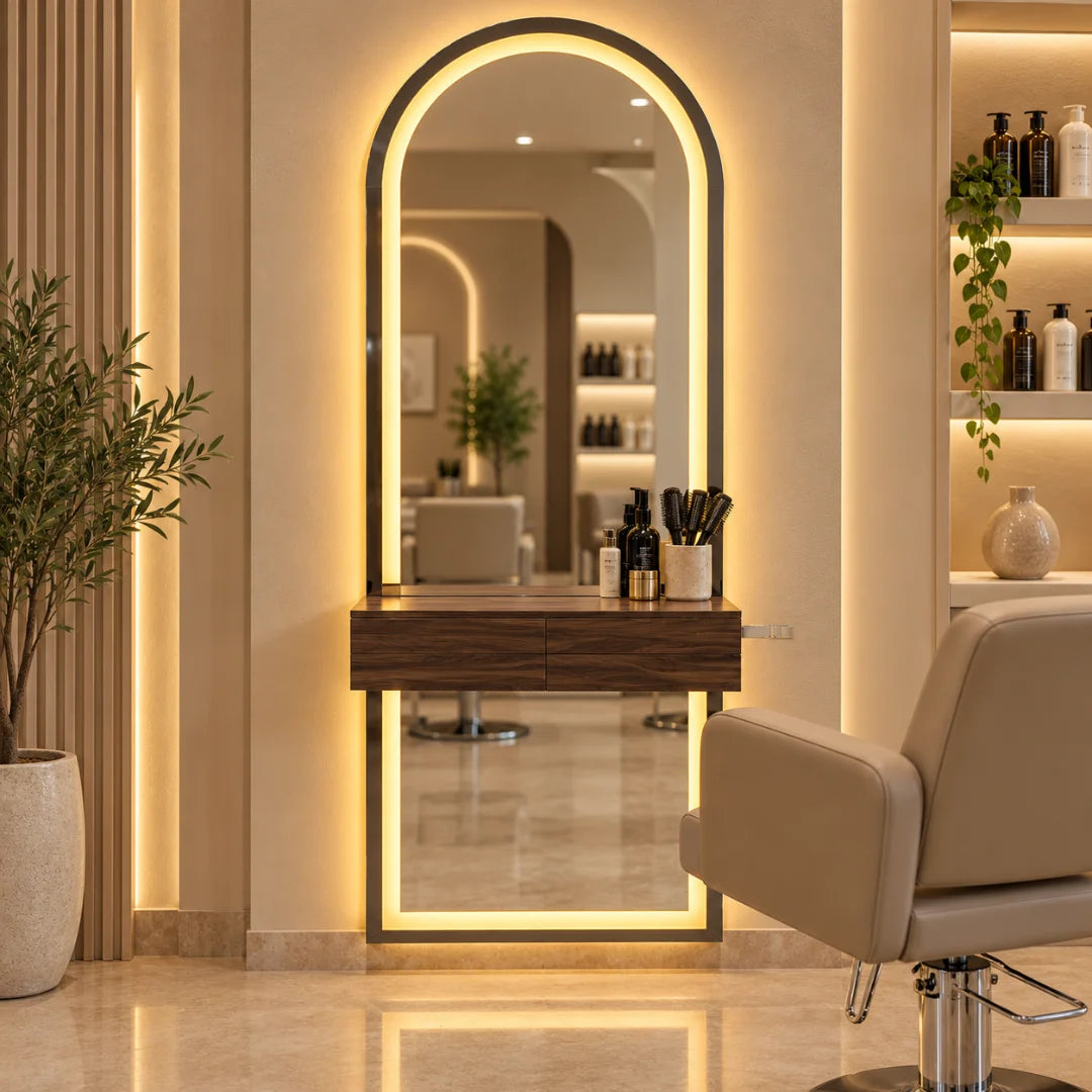 Arched LED Salon Styling Station with Floating Drawer