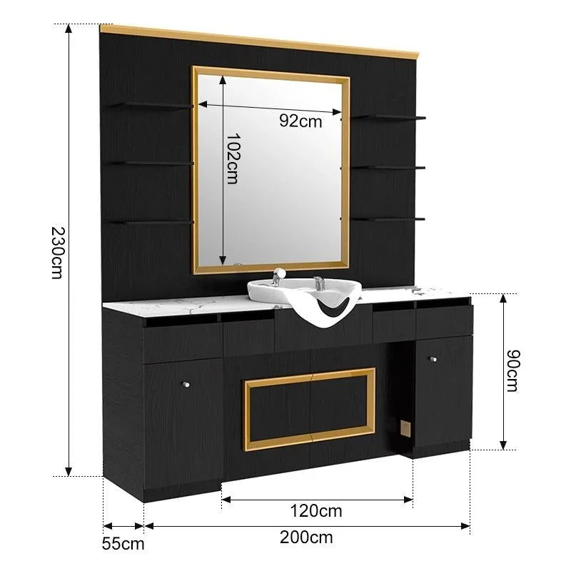 High-End Black Theme Barber Workstation with Mirror, Shelves and Cabinets