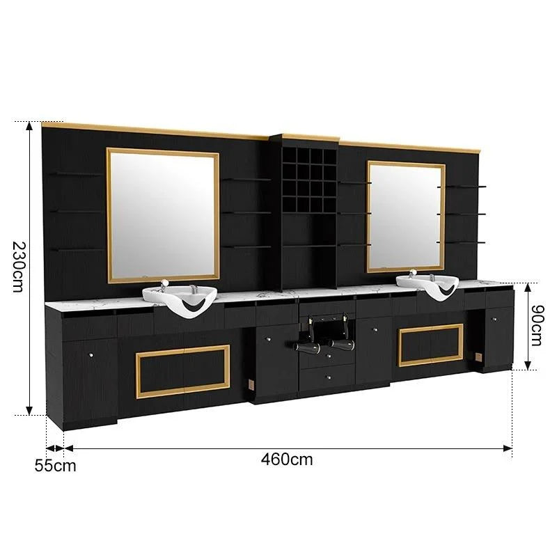 High-End Black Theme Barber Workstation with Mirror, Shelves and Cabinets