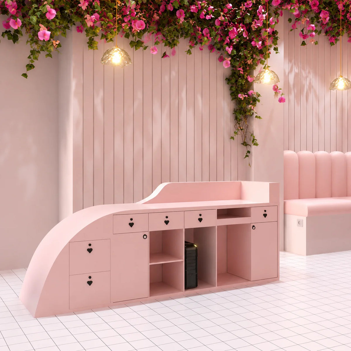 Pink Curved Salon Reception Desk with Illuminated Front