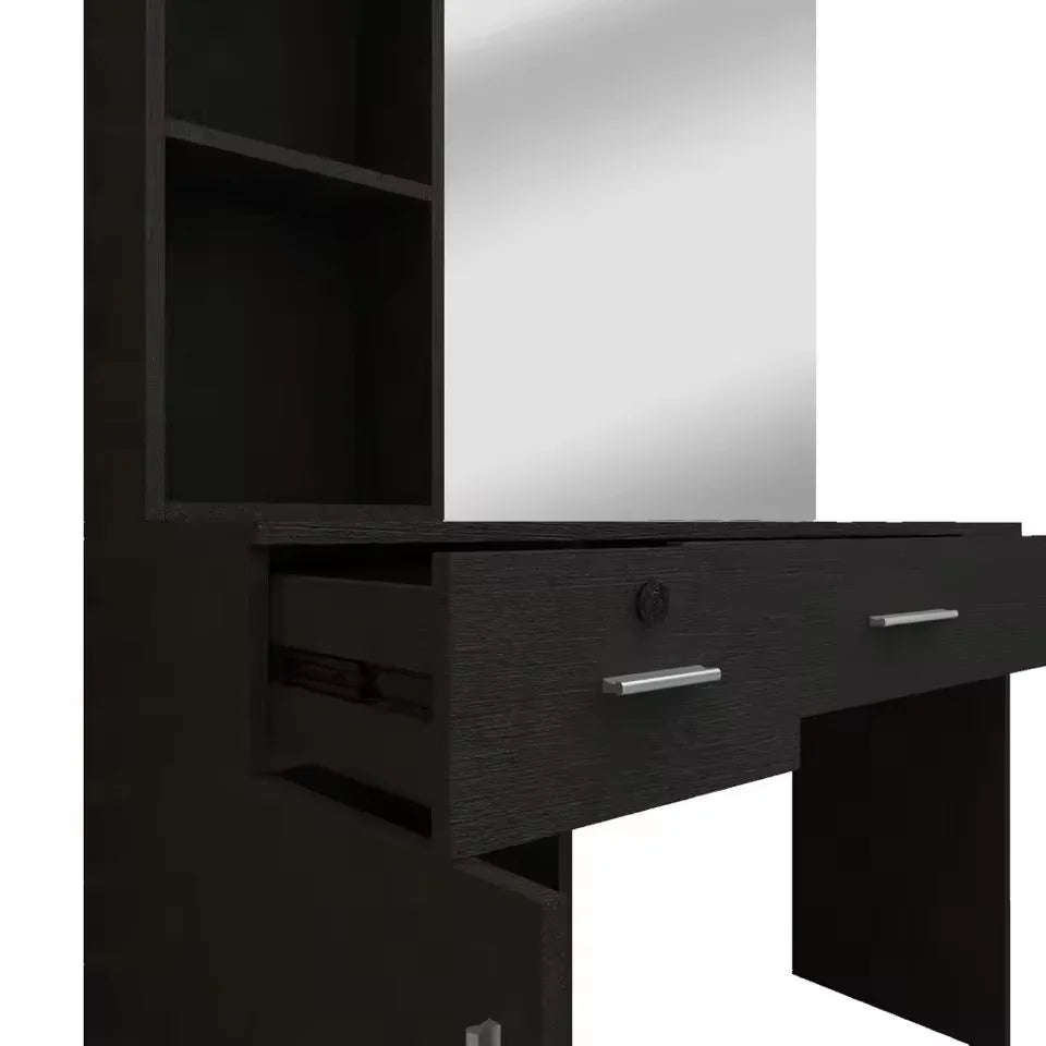 Black Barber Styling Station with Mirror and Storage