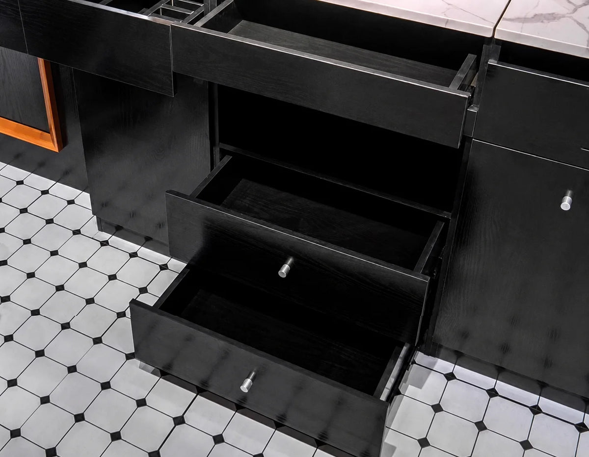 High-End Black Theme Barber Workstation with Mirror, Shelves and Cabinets