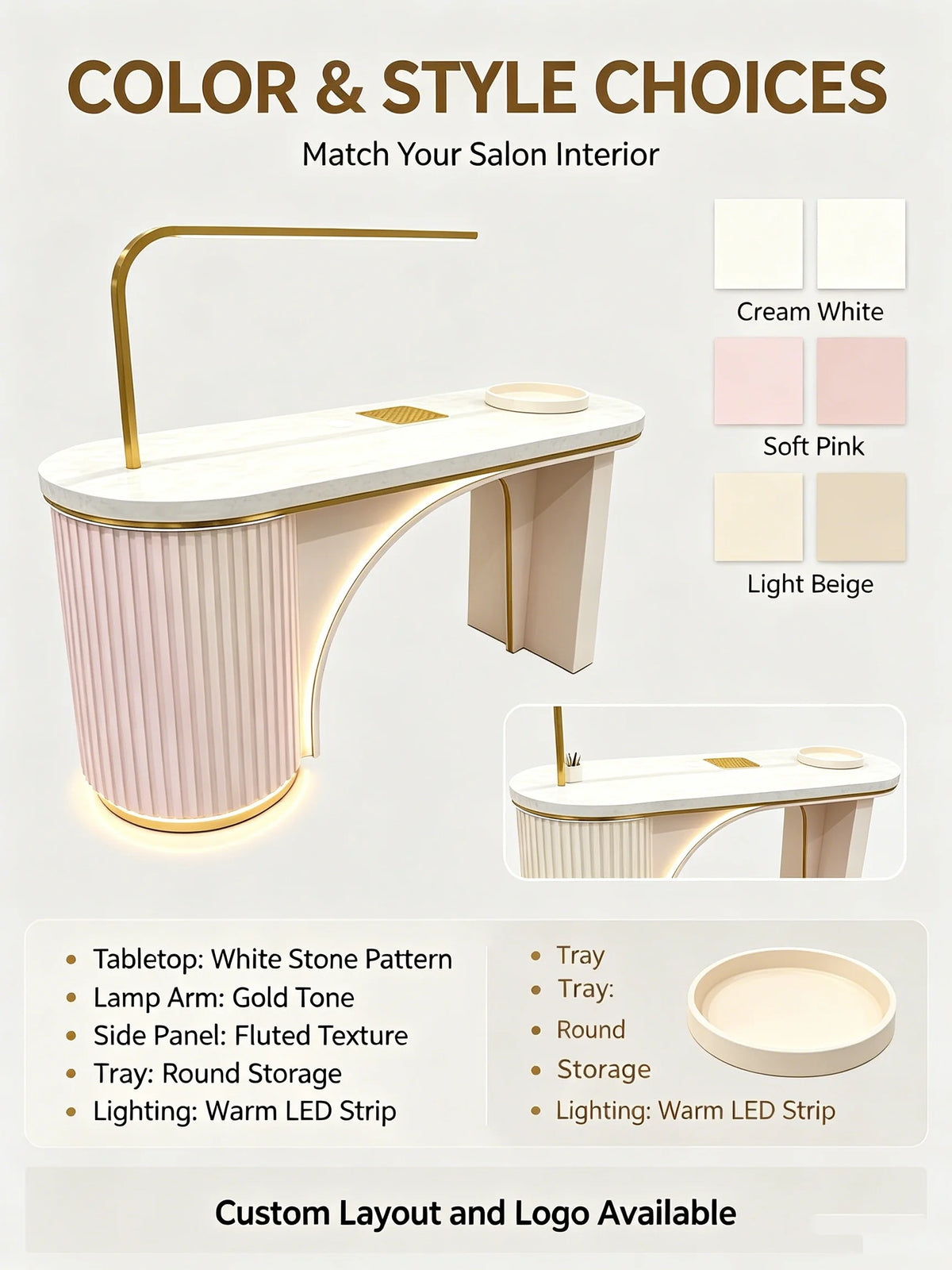 Manicure Table with Task Light and Drawer Storage