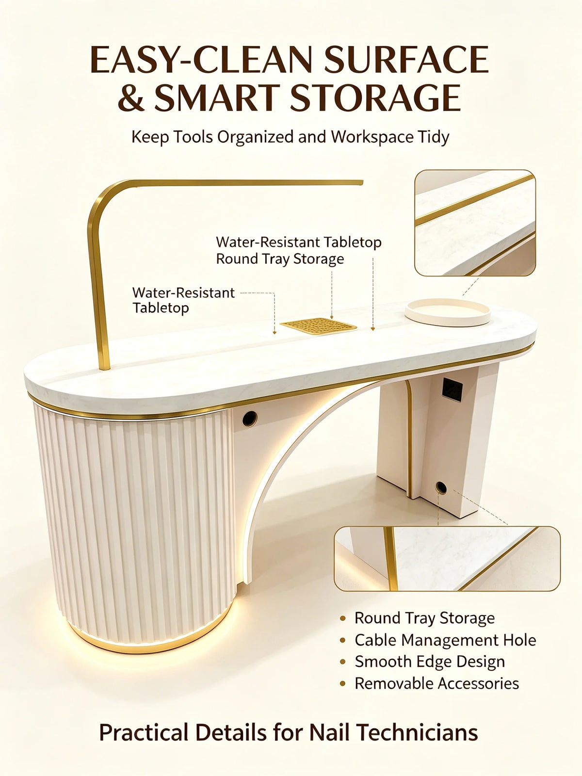 Manicure Table with Task Light and Drawer Storage