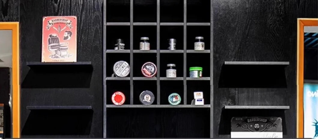 High-End Black Theme Barber Workstation with Mirror, Shelves and Cabinets