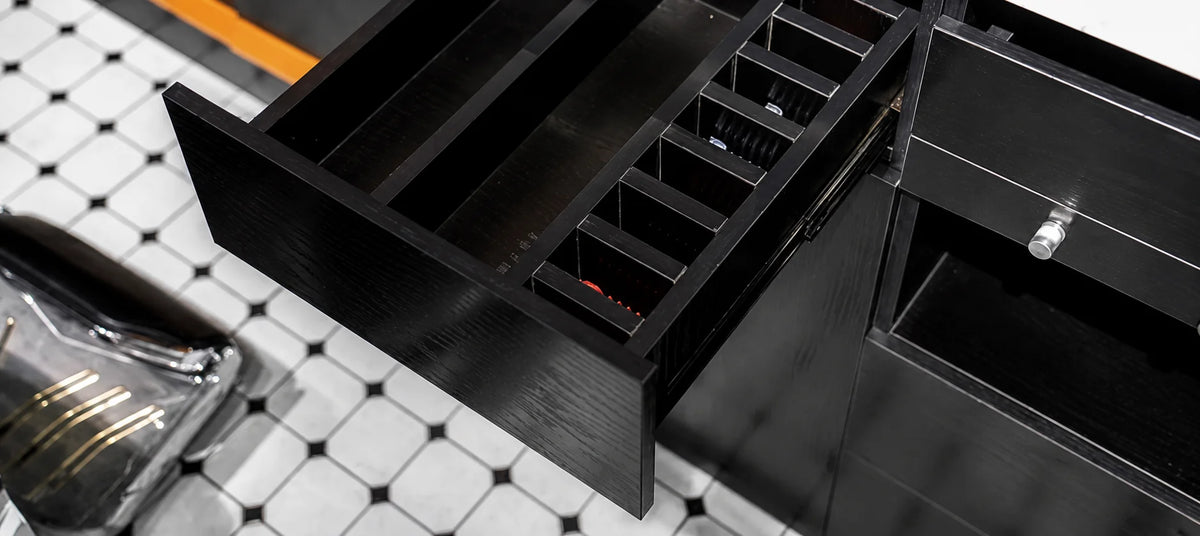 High-End Black Theme Barber Workstation with Mirror, Shelves and Cabinets