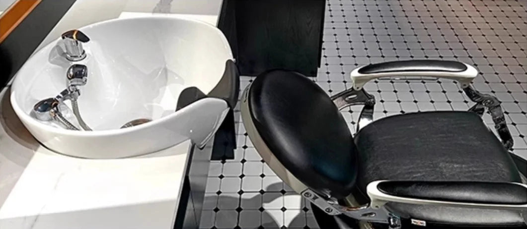 High-End Black Theme Barber Workstation with Mirror, Shelves and Cabinets