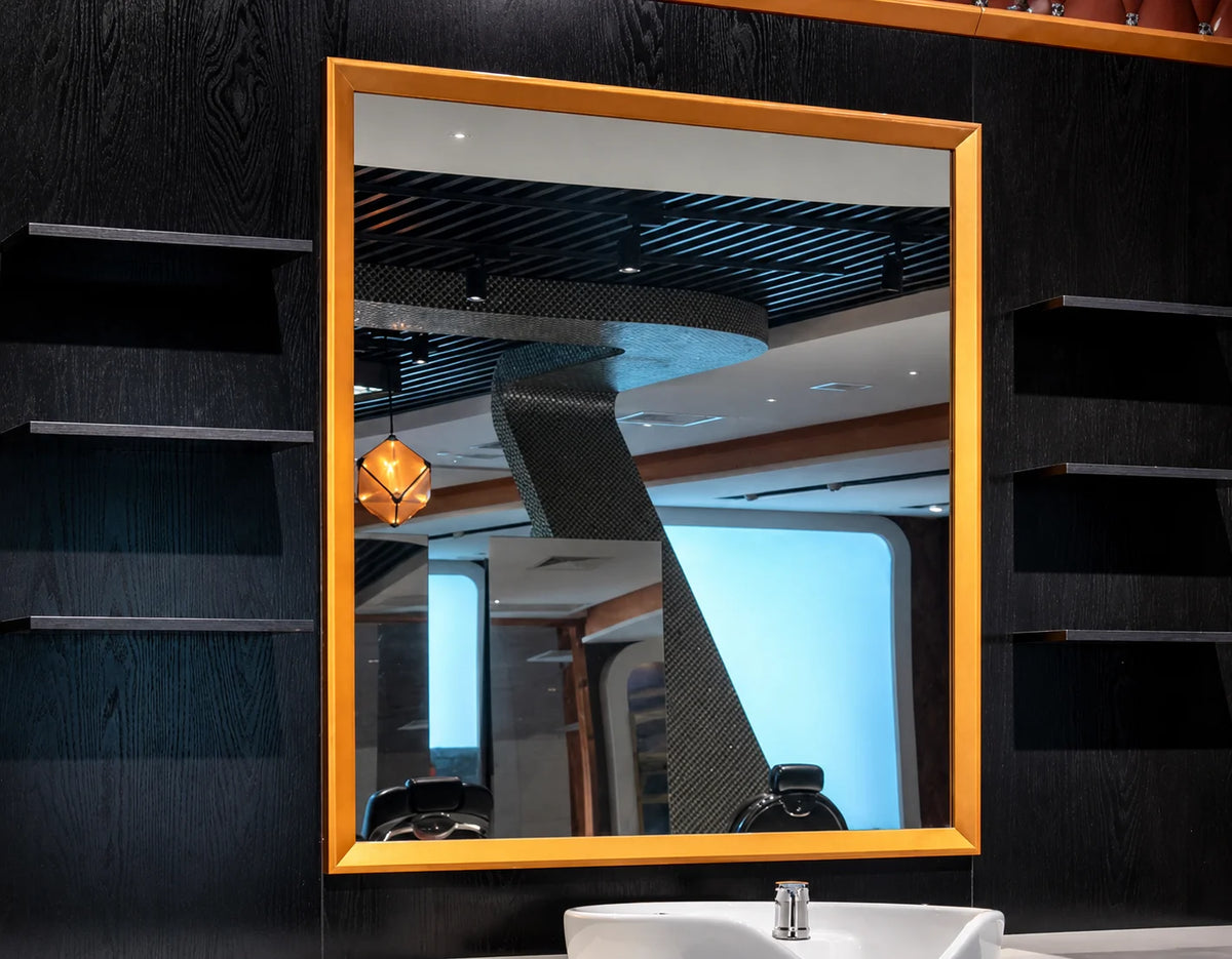 High-End Black Theme Barber Workstation with Mirror, Shelves and Cabinets